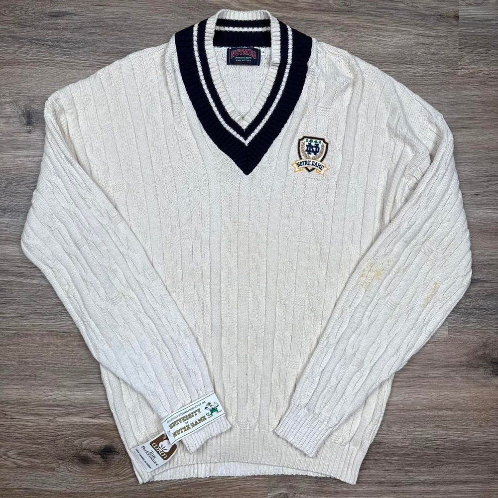 Nutmeg Notre Dame Cable Knit Varsity Sweater Cream Mens L